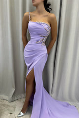 One Shoulder Lilac Mermaid Prom Dress with Crystal Split Hem-Dbrbridal