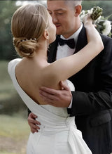 One-Shoulder Long Sleeves Sweep Train Satin Sequined Wedding Dresses-Dbrbridal