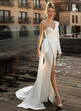 One-Shoulder Long Sleeves Sweep Train Satin Sequined Wedding Dresses-Dbrbridal