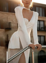 One-Shoulder Long Sleeves Sweep Train Satin Sequined Wedding Dresses-Dbrbridal