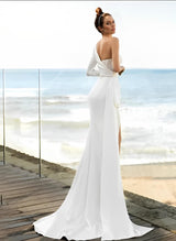One-Shoulder Long Sleeves Sweep Train Satin Sequined Wedding Dresses-Dbrbridal