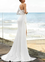One-Shoulder Long Sleeves Wedding Dress Split Front-Dbrbridal
