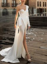 One-Shoulder Long Sleeves Wedding Dress Split Front-Dbrbridal