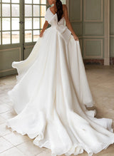 One-Shoulder Organza Sweep Train Wedding Dress Lace Appliques-Dbrbridal