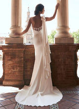 One-Shoulder Satin Court Train Wedding Dresses Bows-Dbrbridal