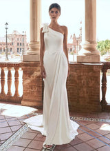 One-Shoulder Satin Court Train Wedding Dresses Bows-Dbrbridal
