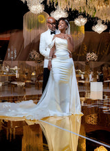 One-Shoulder Sleeveless Charmeuse Wedding Dress Beaded Sweep Train-Dbrbridal