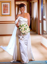 One-Shoulder Sleeveless Charmeuse Wedding Dress Beaded Sweep Train-Dbrbridal