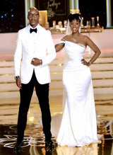 One-Shoulder Sleeveless Charmeuse Wedding Dress Beaded Sweep Train-Dbrbridal