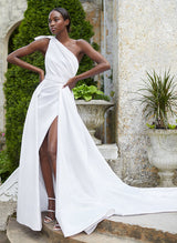 One-Shoulder Sleeveless Satin Chapel Train Wedding Dress-Dbrbridal