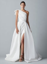 One-Shoulder Sleeveless Satin Chapel Train Wedding Dress-Dbrbridal