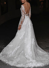 Open Back Lace Long Sleeves Sweep Train Wedding Dresses-Dbrbridal
