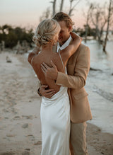 Open Back Silk Like Satin Spaghetti Straps Summer Beach Wedding Dress-Dbrbridal