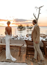 Open Back Silk Like Satin Spaghetti Straps Summer Beach Wedding Dress-Dbrbridal