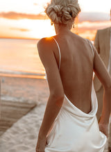 Open Back Silk Like Satin Spaghetti Straps Summer Beach Wedding Dress-Dbrbridal