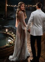 Open Back V-Neck Long Sleeves Wedding Dresses for the Summer Beach-Dbrbridal