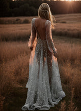 Open Back V-Neck Long Sleeves Wedding Dresses for the Summer Beach-Dbrbridal