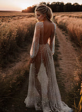 Open Back V-Neck Long Sleeves Wedding Dresses for the Summer Beach-Dbrbridal