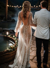 Open Back V-Neck Long Sleeves Wedding Dresses for the Summer Beach-Dbrbridal