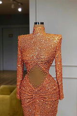 Orange High Neck Long Sleeves Mermaid Prom Dresses with Sequins Beads-Dbrbridal