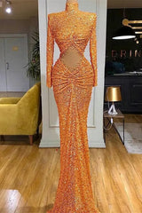 Orange High Neck Long Sleeves Mermaid Prom Dresses with Sequins Beads-Dbrbridal