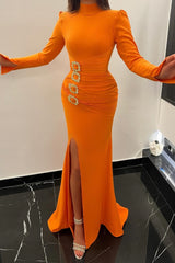 Orange Mermaid Prom Dress with High Neck and Long Sleeves-Dbrbridal