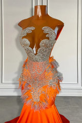 Orange Sleeveless Illusion Mermaid Prom Dresses With Beadings and Feather-Dbrbridal