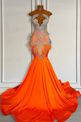 Orange Sleeveless Illusion Mermaid Prom Dresses With Beadings and Feather-Dbrbridal
