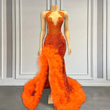 Orange Sleeveless Mermaid Prom Dress with Side Slit and Tulle Beadings-Dbrbridal