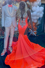 Orange Sleeveless Mermaid Prom Dresses with Split Beadings-Dbrbridal