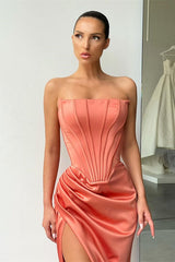 Orange Strapless Pleats Prom Dress with court train High-split-Dbrbridal