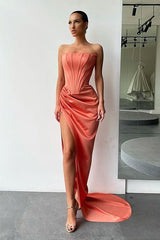 Orange Strapless Pleats Prom Dress with court train High-split-Dbrbridal