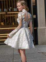 Petite White Chic A-line Illusion Neck Long Sleeves Lace Wedding Dresses-Dbrbridal