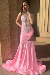 Pink Deep V Neck Sleeveless Mermaid Prom Dresses With Beadings-Dbrbridal