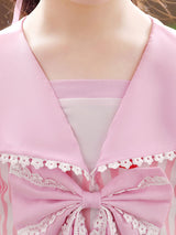 Pink Designed Neckline Short Sleeves Lace Tulle Embroidered Kids Social Party Dresses-Dbrbridal