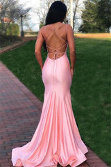 Pink Glamorous Spaghetti-Strapss Criss Cross Mermaid Prom Dresses-Dbrbridal