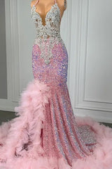 Pink Halter Mermaid Prom Dress with Sequins Beadings and Tulle Ruffle-Dbrbridal