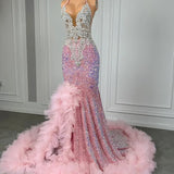 Pink Halter Mermaid Prom Dress with Sequins Beadings and Tulle Ruffle-Dbrbridal