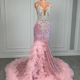 Pink Halter Mermaid Prom Dress with Sequins Beadings and Tulle Ruffle-Dbrbridal