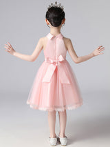 Pink Halter Neck Lace Sleeveless Short Princess Dress Bows Formal Kids Pageant flower girl dresses-Dbrbridal