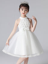 Pink Halter Neck Lace Sleeveless Short Princess Dress Bows Formal Kids Pageant flower girl dresses-Dbrbridal