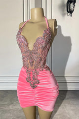 Pink Halter Sleeveless Short Prom Dresses Featuring Beadings-Dbrbridal