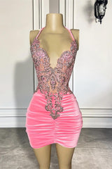 Pink Halter Sleeveless Short Prom Dresses Featuring Beadings-Dbrbridal
