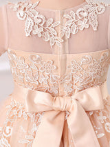 Pink Jewel Neck Half Sleeves Ankle-Length Lace Princess Bows Formal Kids Pageant flower girl dresses-Dbrbridal