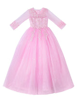 Pink Jewel Neck Half Sleeves Ankle-Length Lace Princess Bows Formal Kids Pageant flower girl dresses-Dbrbridal