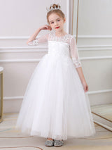 Pink Jewel Neck Half Sleeves Ankle-Length Lace Princess Bows Formal Kids Pageant flower girl dresses-Dbrbridal