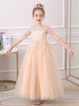 Pink Jewel Neck Half Sleeves Ankle-Length Lace Princess Bows Formal Kids Pageant flower girl dresses-Dbrbridal