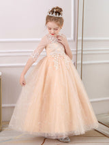 Pink Jewel Neck Half Sleeves Ankle-Length Lace Princess Bows Formal Kids Pageant flower girl dresses-Dbrbridal