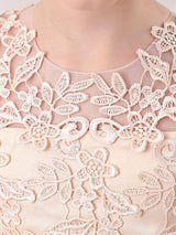 Pink Jewel Neck Half Sleeves Ankle-Length Lace Princess Bows Formal Kids Pageant flower girl dresses-Dbrbridal