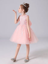 Pink Jewel Neck Lace Bows Formal Kids Pageant flower girl dresses-Dbrbridal